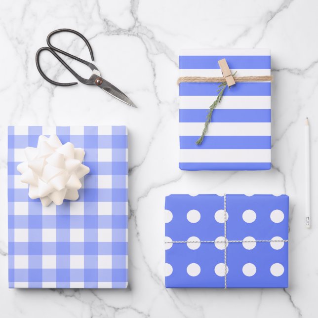 Blaue, weiße Matching-Muster Gingham Dots Streifen Geschenkpapier Set (Vorderseite)