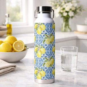 Blaue weiße mediterrane Fliesen Zitronenmuster Trinkflasche