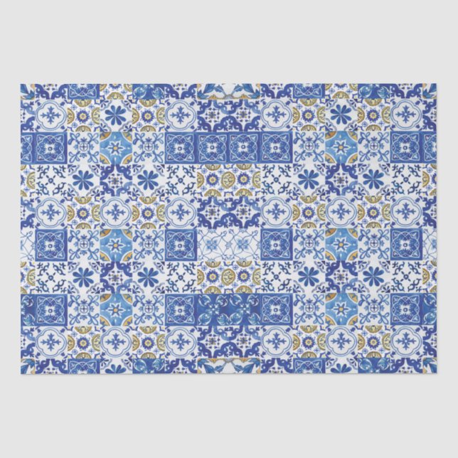 Blaue, weiße, mediterrane Mosaikfliesen Seidenpapier (Vorderseite)