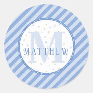 Blaue & Weiße Monogramm-Baby-Party Runder Aufkleber