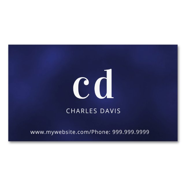 Blaue weiße Monogramm-Initialen minimalistisch Magnetische Visitenkarte (Vorderseite)