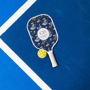 Blaue weiße Ozeanwale Schildkröten Monogramm Pickleball Schläger