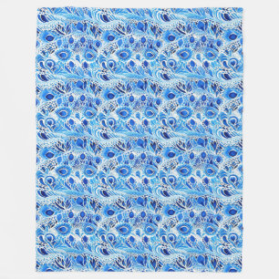 Blaue weiße Pfauenfedern  Fleecedecke