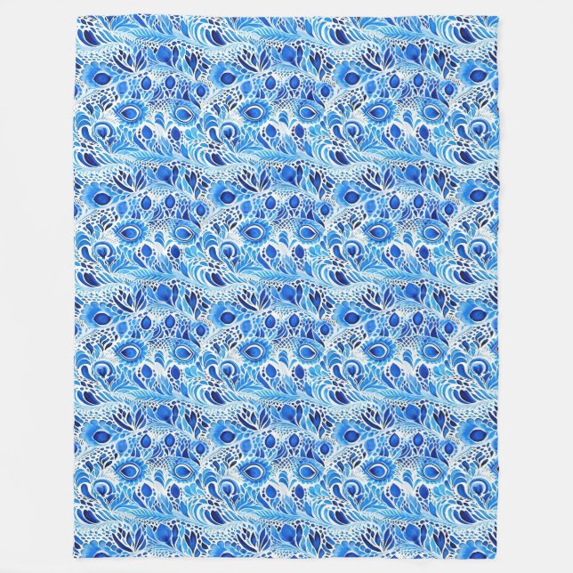 Blaue weiße Pfauenfedern  Fleecedecke (Vorderseite)