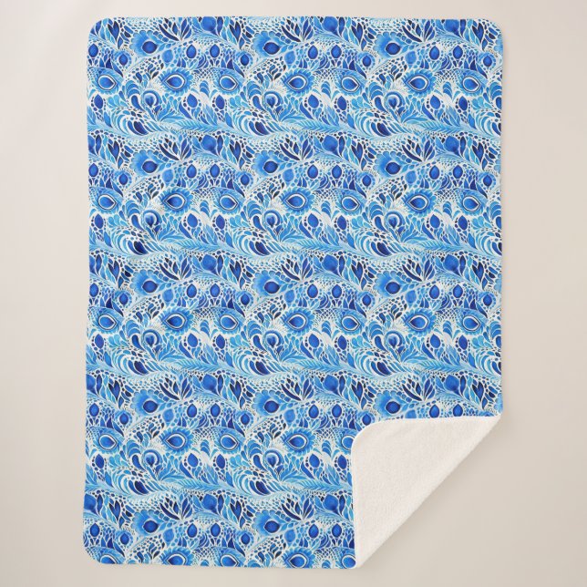 Blaue Weiße Pfauenfedern Weihnachten Sherpadecke (Vorderseite)