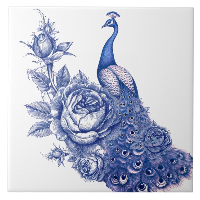 Blaue Weiße Pfauenrose  Fliese (Vorderseite)