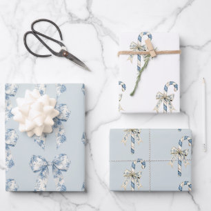 Blaue Weiße Schleifen Zuckerstangen Weihnachten Geschenkpapier Set