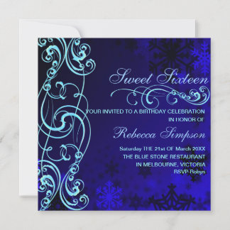 Blaue/weiße Schneeflocke Swirl Sweet16 Geburtstag Einladung