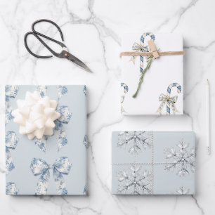 Blaue Weiße Schneeflocken Schleifen Zuckerstangen Geschenkpapier Set
