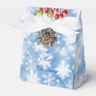 Blaue Weiße Schneeflocken Tannenzapfen Rote Beeren Geschenkschachtel