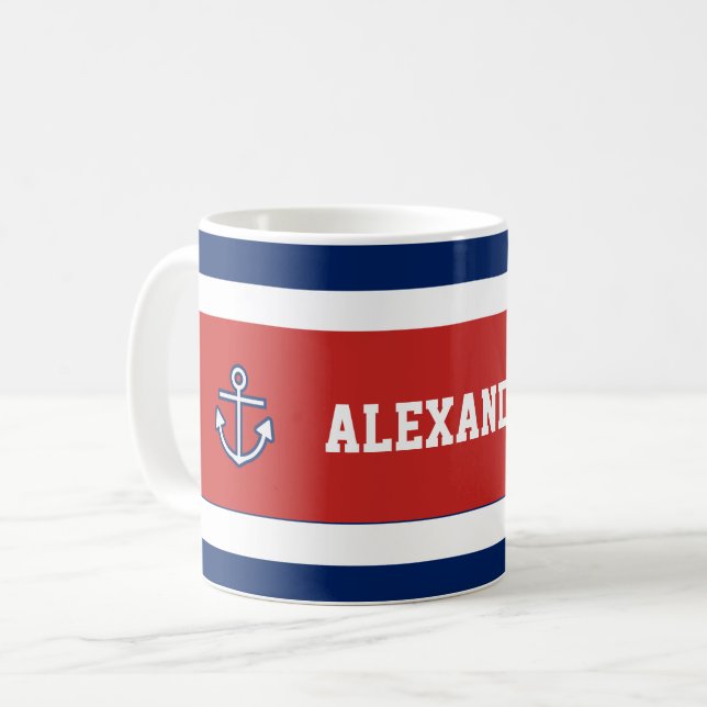 Blaue weiße Streifen der Marine Kaffeetasse (Vorderseite Links)