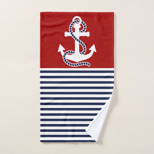 Blaue weiße Streifen der Nautik und weißer Anker Badhandtuch Set (Handtuch)