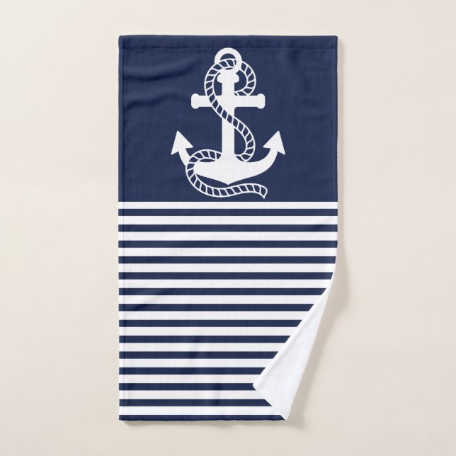 Blaue weiße Streifen der Nautik und weißer Anker Badhandtuch Set (Handtuch)