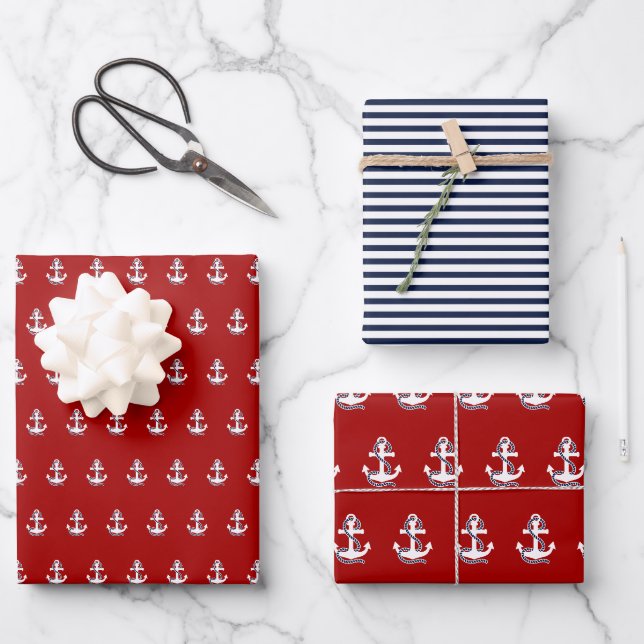 Blaue weiße Streifen der Nautik und weißer Anker Geschenkpapier Set (Vorderseite)