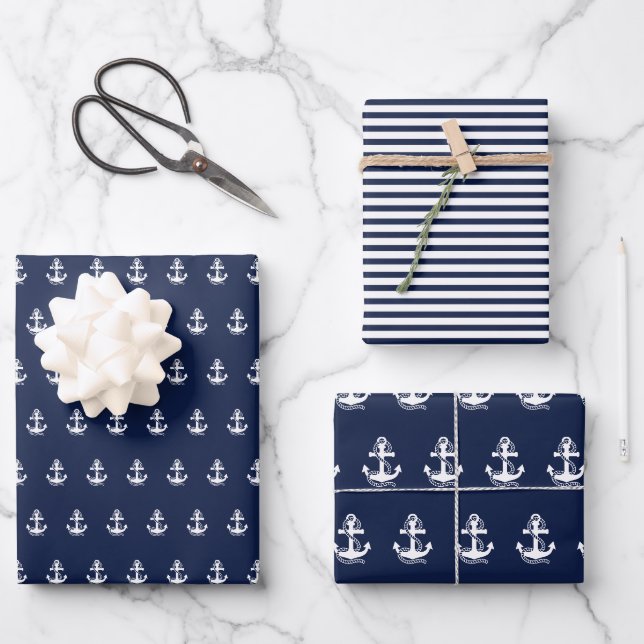Blaue weiße Streifen der Nautik und weißer Anker Geschenkpapier Set (Vorderseite)