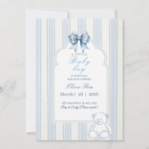 Blaue weiße Streifen Retro-Teddybär-Baby-Party Einladung