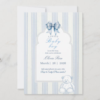 Blaue weiße Streifen Retro-Teddybär-Baby-Party Einladung