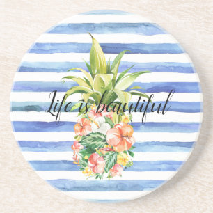 Blaue weiße Streifen Tropische Blumenmuster Ananas Getränkeuntersetzer