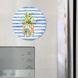 Blaue Weiße Streifen Tropische Blumenmuster Ananas Magnet