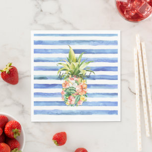 Blaue weiße Streifen Tropisches Florales Ananas Serviette
