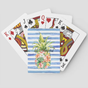 Blaue weiße Streifen Tropisches Florales Ananas Spielkarten