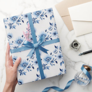 Blaue weiße Toile-Blumen-Hochzeits-Baby-Party  Geschenkpapier