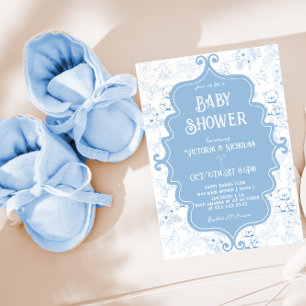 Blaue weiße Toile-Bogen-Bär-Baby-Jungen-Dusche Einladung