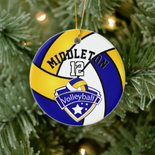 Blaue, weiße und gelbe Sportlogos Volleyball Keramik Ornament