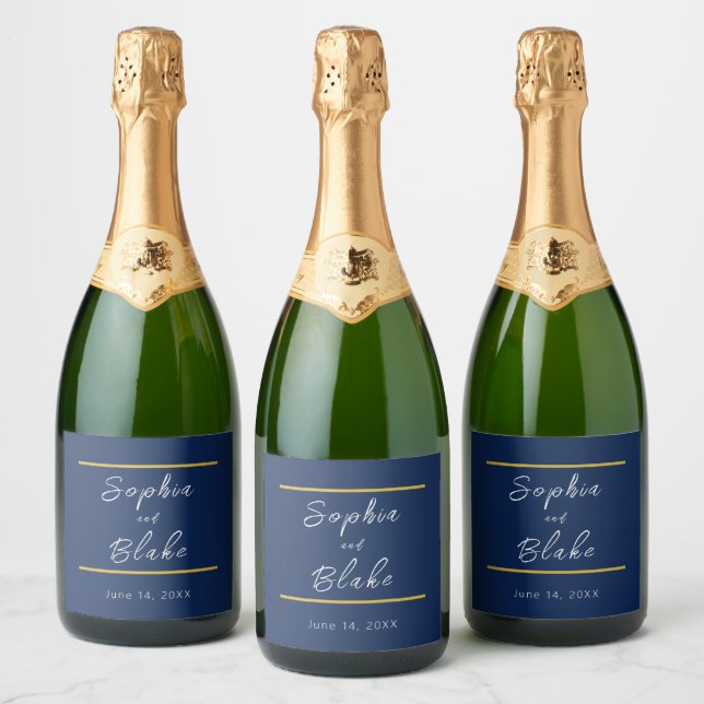 Blaue, weiße und goldene Braut & Groom Hochzeit (Flaschen)