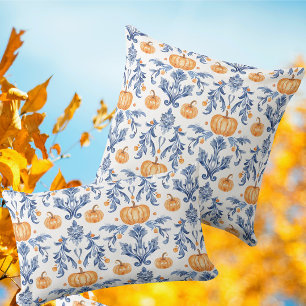 Blaue weiße Vintage-Herbst-Kürbisse in Orange Kissen
