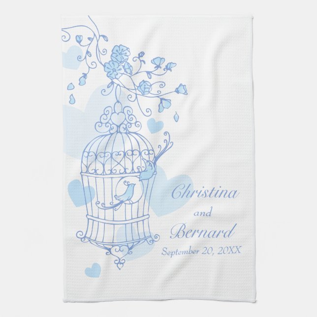 Blaue weiße Vögel Hochzeitskuchen Küchentuch (Vertikal)