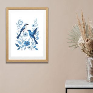 Blaue weiße Vögel und florale Blumen Aquarell Poster