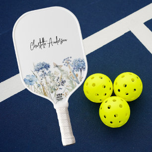 Blaue weiße Wildblumen Namensschrift Pickleball Schläger