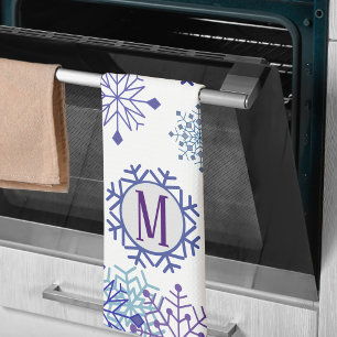 Blaue weiße Winter-Schneeflocke Elegantes Monogram Geschirrtuch