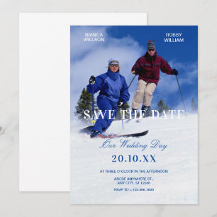 Blaue weiße Winter-Ski-Hochzeitsfoto  Save The Date