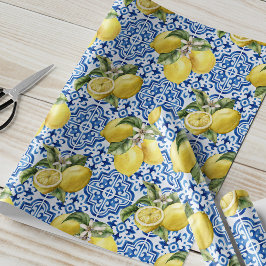 Blaue weiße Zitronenfliese mediterranes Muster Geschenkpapier
