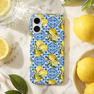 Blaue weiße Zitronenfliese mediterranes Muster iPhone 16 Hülle