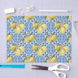 Blaue weiße Zitronenfliese mediterranes Muster Seidenpapier