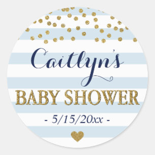 Blaue weißes Goldstreifenconfetti-Baby-Dusche Runder Aufkleber