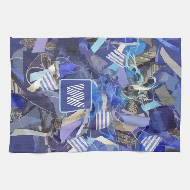 Blaue, weißgraue abstrakte nautische Streifen Geschirrtuch (Horizontal)
