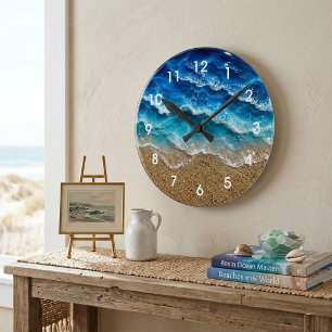 Blaue Welle Harz-Optik Strand Sand nummeriert Runde Wanduhr