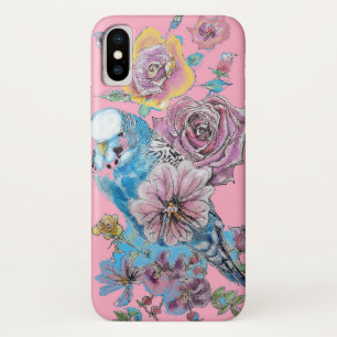 Blaue Wellensittich-Aquarell-Blumen Mädchen Rosa Case-Mate iPhone Hülle