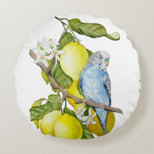 Blaue Wellensittich im Zitronenbaum Aquarell Botan Rundes Kissen