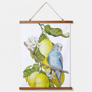 Blaue Wellensittich im Zitronenbaum Aquarell Botan Wandteppich Mit Holzrahmen