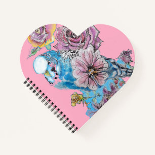 Blaue Wellensittich-Rose-Wasserfarbe-Rosa-Herz-Not Notizbuch