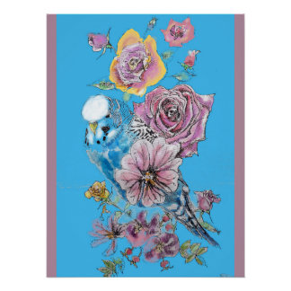 Blaue Wellensittich-Rote-Rose-Pastell-Aquarell-Kun Poster