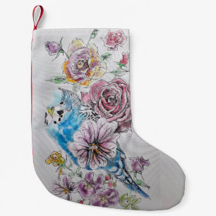 Blaue Wellensittich- und rote Rosenblumen-Blumen-S Kleiner Weihnachtsstrumpf