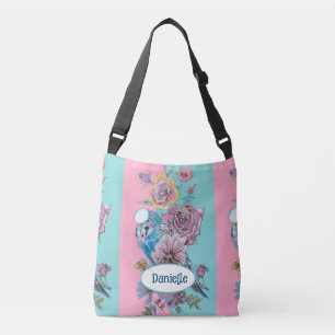 Blaue Wellensittich-Vogel-Rose-Blume-Rosa-Aqua-Mäd Tragetaschen Mit Langen Trägern