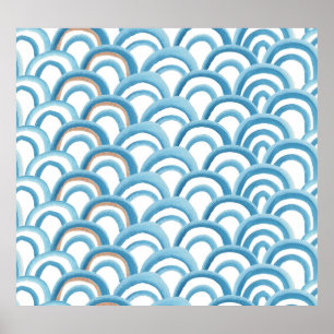 Blaue Wellenwasserfarbe, nahtlose Malerei. Poster