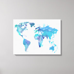 Blaue Weltkarte von Watercolor Leinwanddruck